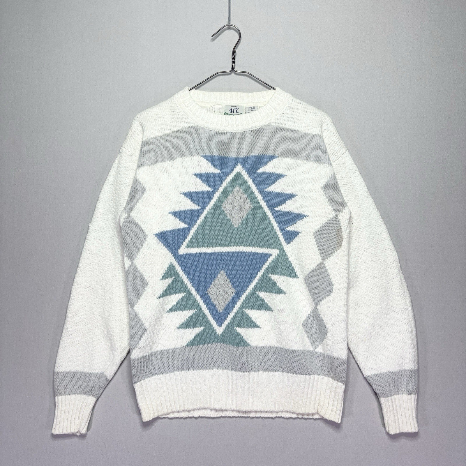 VTG Van Heusen 417 Knit Sweater - White Blue Gray - Southwestern Aztec - SMALL