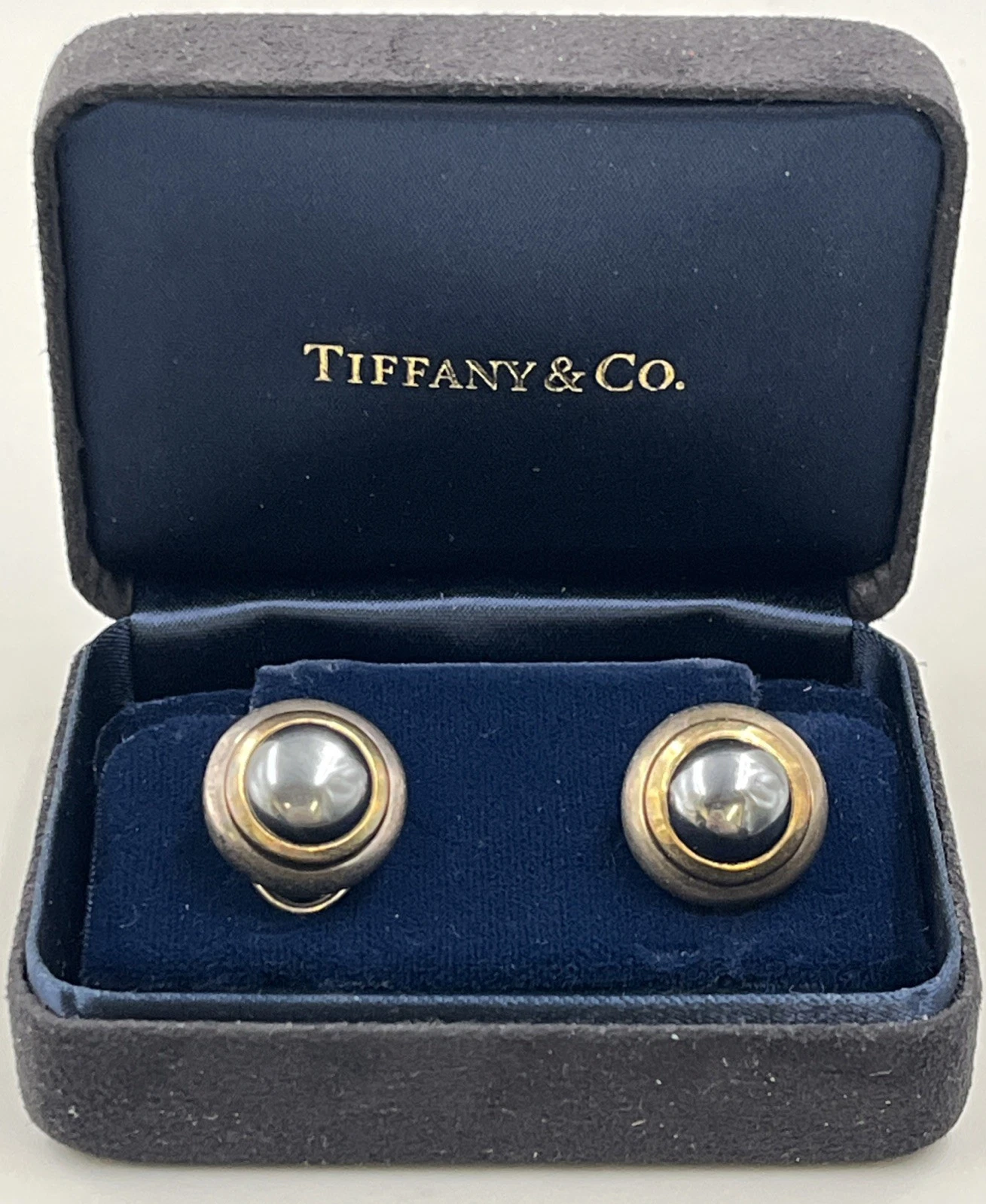 Vintage Tiffany & Co. 18K G & .925 Silver Hematite Round Post Earrings w/ Box