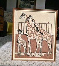 1981 Vintage Giraffe needlepoint in frame 19x 16 Beautiful Retro