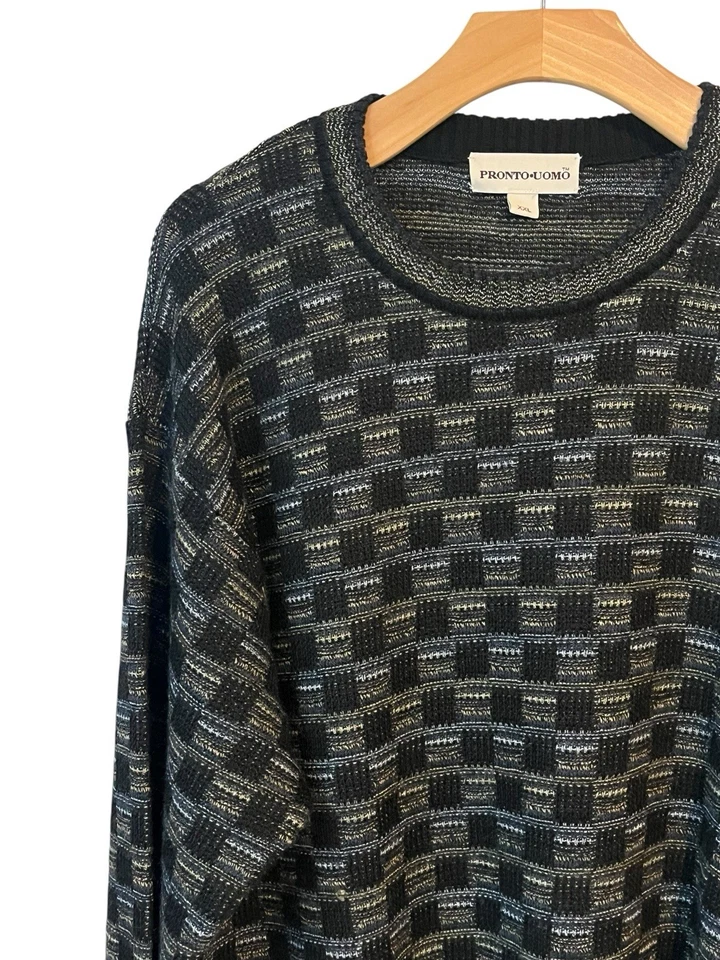 Suéter Pronto Umo Para Hombre XXL Vintage Lana Acrílico Negro Gris Cuadros Cuello Redondo Foto 2 de 4