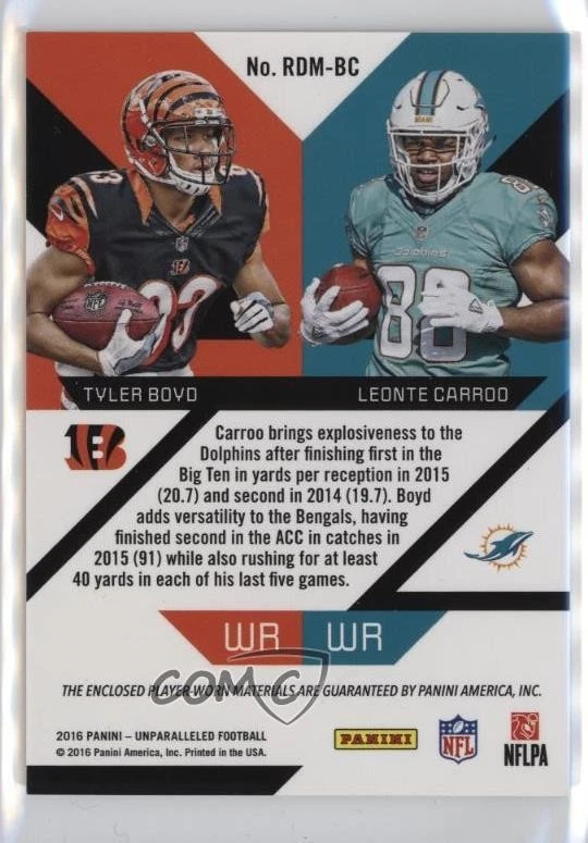 2016 Panini Unparalleled Orange /49 Leonte Carroo Tyler Boyd #RDM-BC RC - Image 2 of 2
