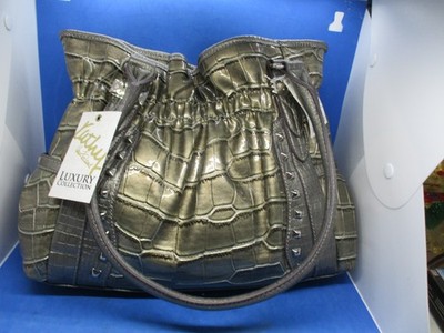 Kathy Van Zeeland Pewter Croco Rock Shoulder Bag Tote Purse new w tags