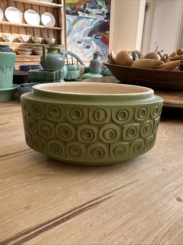 Late Mid-century McCoy Pointed Oval Planter Yellow Green with geometric Motif