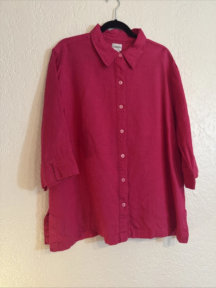 Blusa rosa Chico’s 100 % lino, abotonada, manga 3/4, 3xl nueva sin etiquetas Foto 4 de 4