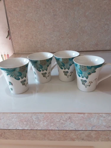 Set of 4~222 Fifth ELIZA TEAL Coffee / Tea Cups 4” tall Turquoise Peacock Blue