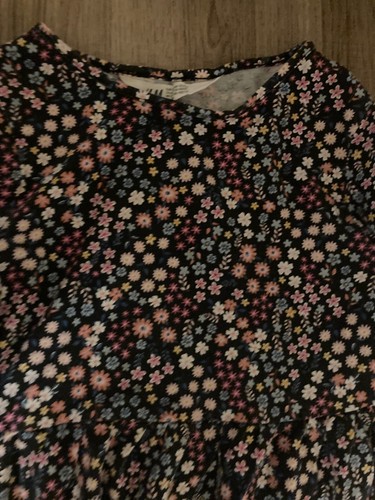 H&M Floral Print Dress 6X/7 Dark Blue Long Sleeve Cotton Gathered Waist Spring - Picture 2 of 3