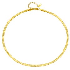 Women 18K Gold 316L Stainless Steel Flat Chain Choker Necklace 16-18" PE44