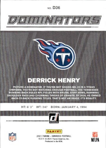 2021 Donruss #D36 Derrick Henry Dominators Tennessee Titans - Picture 2 of 2