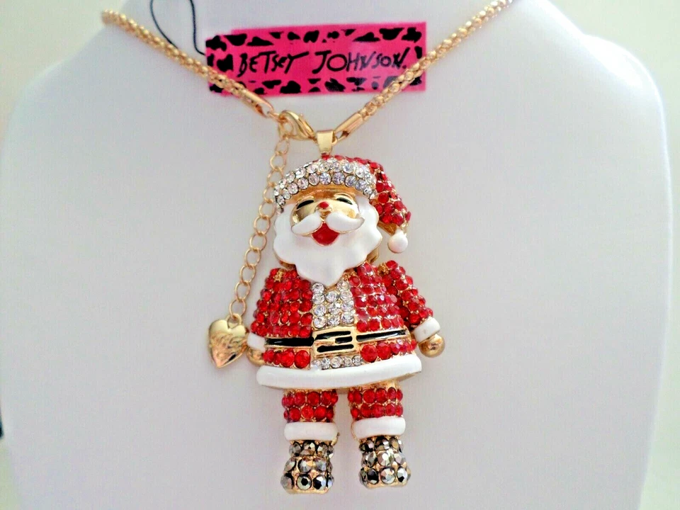 Novo Colar de Cristal Betsey Johnson Esmalte Vermelho Natal Papai Noel com Presente - Imagem 2 de 4