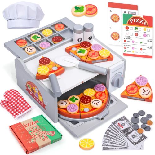 Wooden Pizza Toy 50pcs Toddler Pizza Counter Playset Kids Pretend Play Kitche...