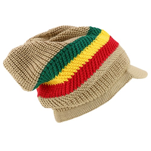RGY Striped Jamaica Rasta Knit Deep Crown 100% Cotton Visored Beanie - FREESHIP - Picture 16 of 68