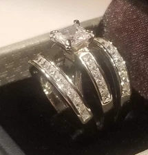 Princess Engagement Ring Double Band Wedding Set simulated Diamond Sterling
