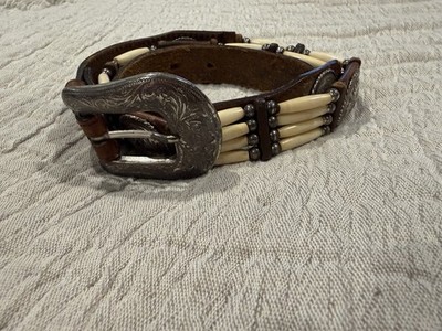 Tony Lama Western Beaded Leather Belt Bone Beads Conchos Brown Size 28