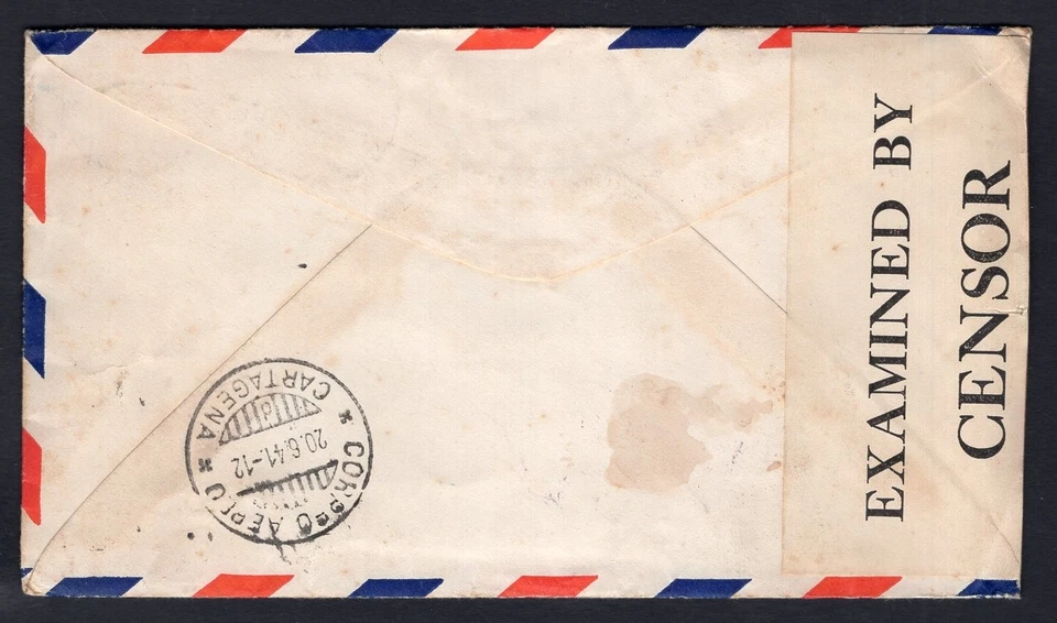 Cubierta de correo aéreo censurada de Canadá Kingston 1941 a Colombia. Receptor Foto 2 de 2