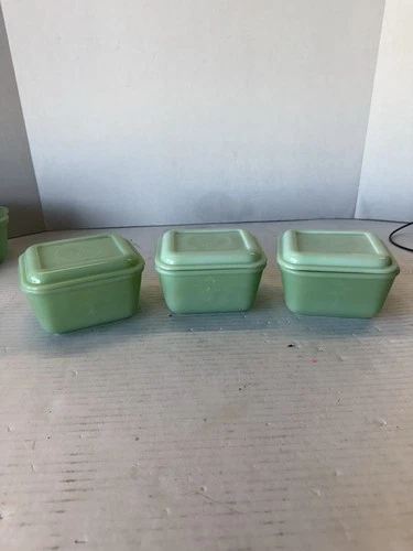 3 Vtg Fire King Jadeite Philbe 4.5x5 1/8" Green Glass Refrigerator Dish W/ LIDS