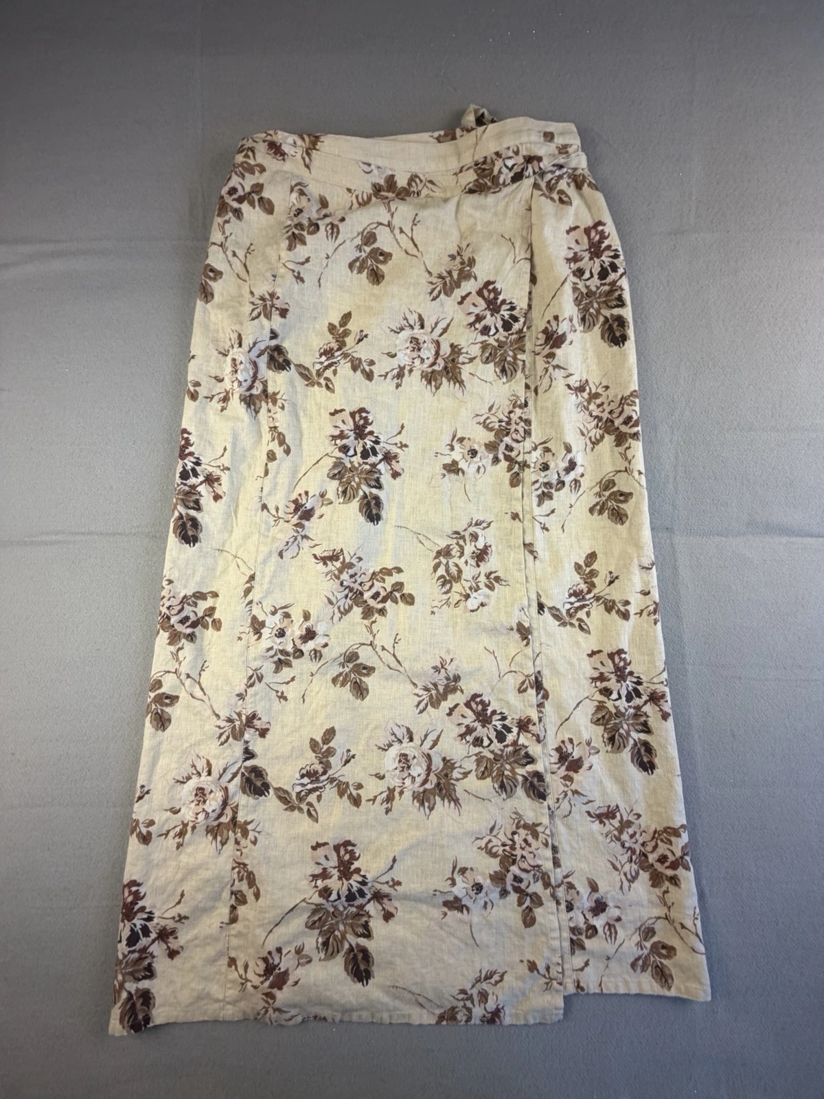 Laura Ashley Women's Beige Brown Floral Linen Blend Wrap Long Lined Tie Skirt 10