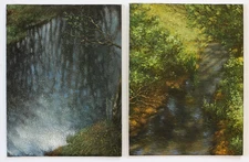 Diptych Oil Painting Canvas Summer Landscape Original Art Forest Sky River