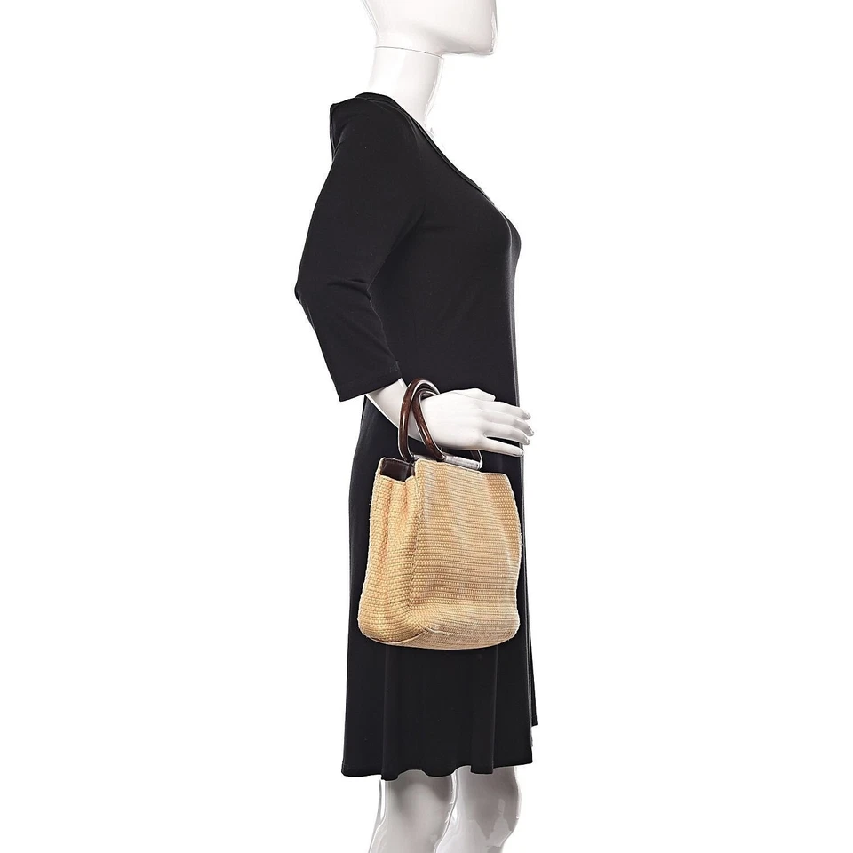 CHANEL Vintage Raffia Tote Woven Straw Shoulder Bag Wooden Ring Beige - Image 2 of 4