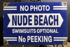 VINTAGE NUDE BEACH 12” PORCELAIN NO PEEKING PHOTO SWIMSUIT OPTIONAL SIGN