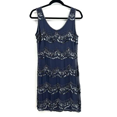 PISARRO NIGHTS Navy Blue Silk Beaded Sequin Cocktail Mother Of The