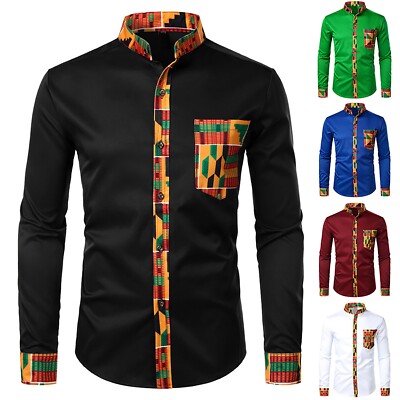Men's African Long Sleeve Printed Patchwork Design Button Up Shirt