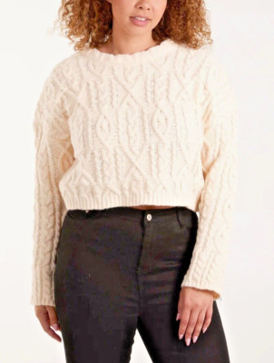QED cable knit Jumper Size 10-18 Womans White Chunky knit cropped round neck New