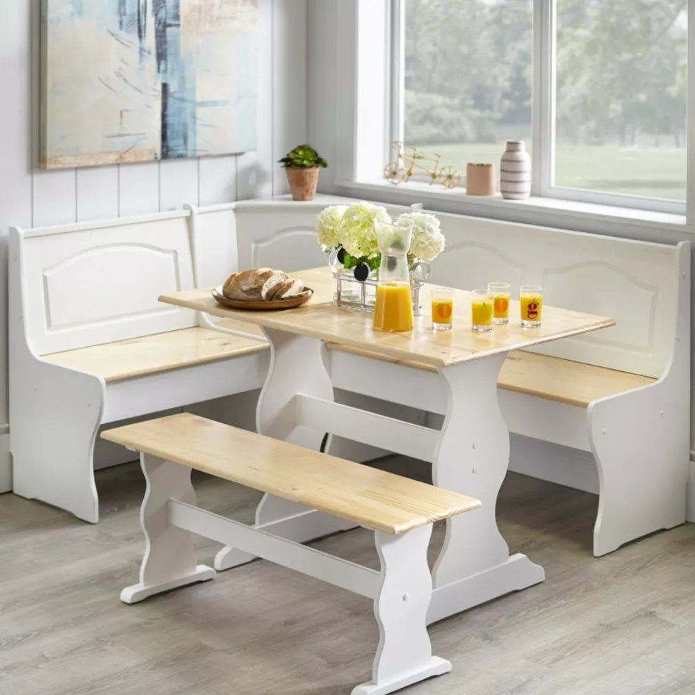 Country Style White And Natural Finish Wood Corner Nook Dining Table Bench  Set