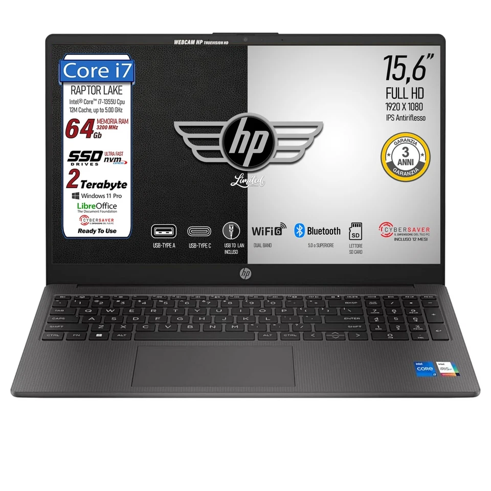 HP 250 G10 Intel i7 1355U SSD 2TB RAM 64GB 15,6" FullHD Win11 | Garanzia 36 Mesi - Immagine 2 di 4