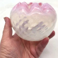 Hand Blown Pink Cranberry Rim Opalescent Quilted Diamond Optic Glass Rose Bowl