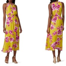 Great Jones Floral Halter Midi Dress XL Yellow Smock Waist Ruffle Wedding Guest