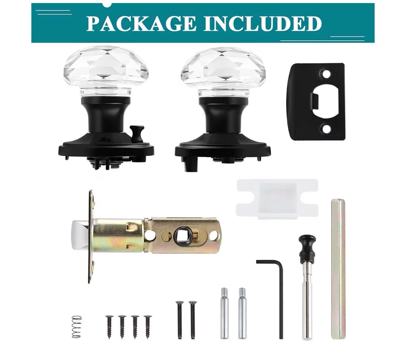 Orger 6 Pack Glass Door Knobs with Flat Black Rosette, Bath/Bed Door Knobs