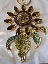 Brown Sunflower Crystals Rhinestones Goldtone Purse Charm Bag Keychain Gifts