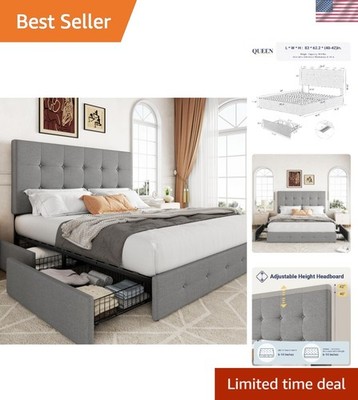 Luxurious Button-Tufted Queen Bed Frame with Storage Drawers - Easy Assembly