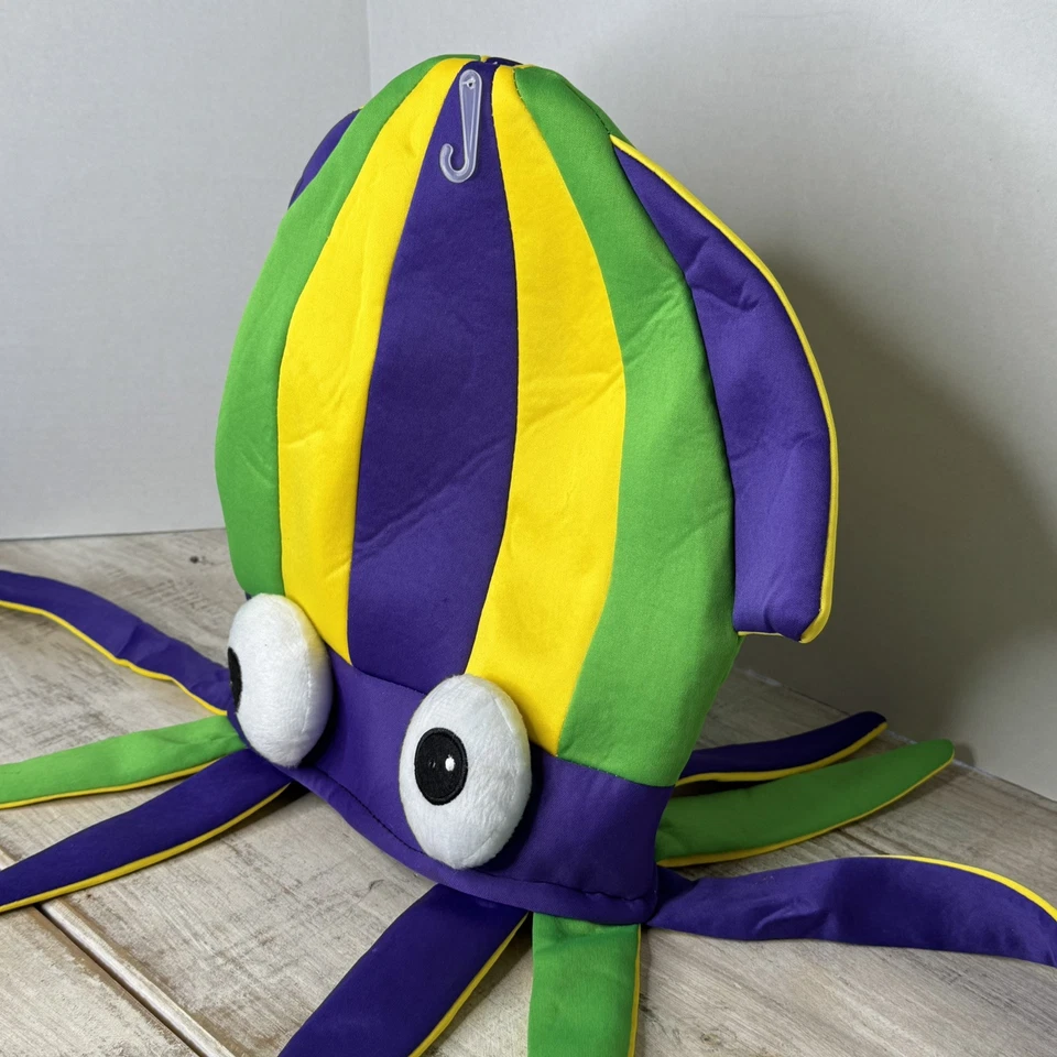 Fantasia chapéu lula Mardi Gras roxo amarelo verde tentáculo pelúcia - Imagem 3 de 4