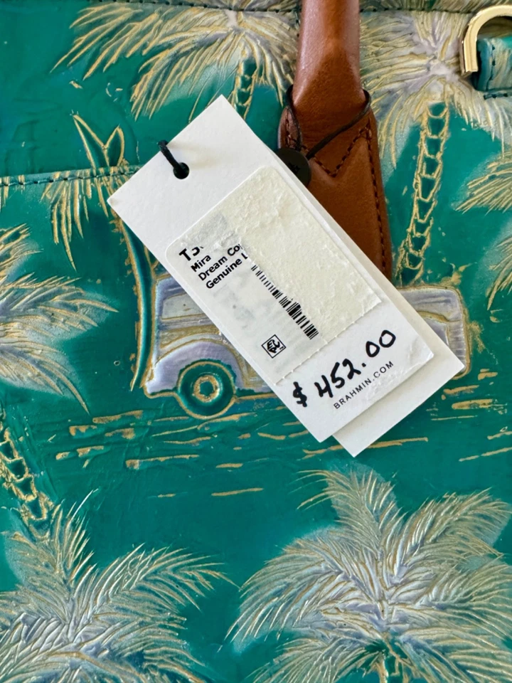 Brahmin Mira Dream Copa Cabana Market Leather Tote Bag Teal Cars Palm Trees NEW - Image 3 of 4
