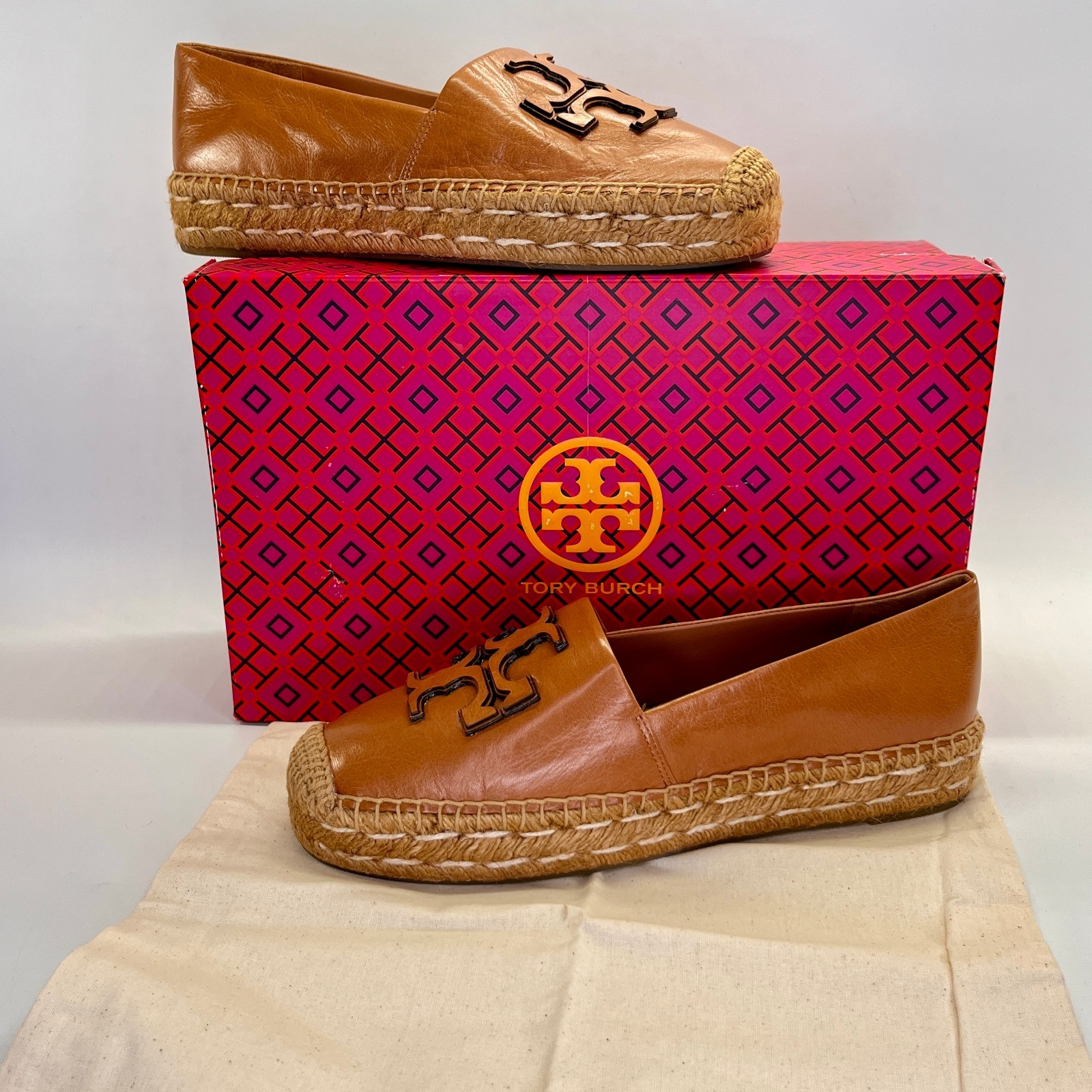 SAOLA Espadrillas Tory Burch Ines platform taglia 9 pelle marrone intrecciata suola iuta casual