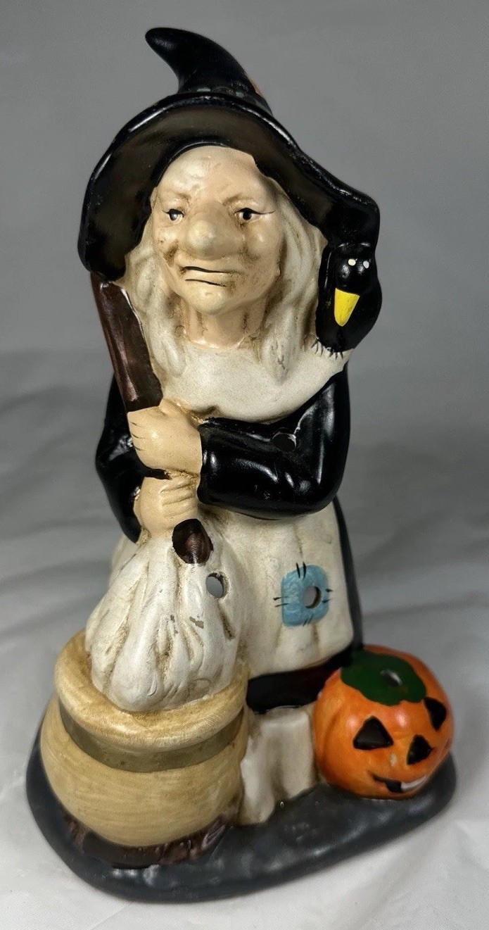 VTG Ceramic Hand Painted Halloween Spooky Witch Candle Holder Light Taiwan
