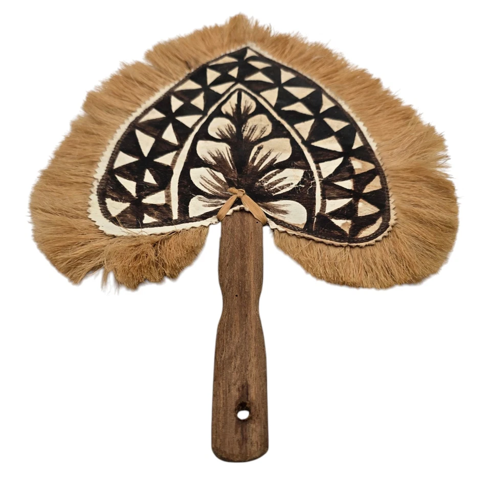 Abanico de mano vintage de césped pintado a mano Polinesia Pacífico Sur diseño floral Foto 2 de 4