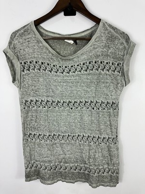 Akemi + Kin Top XS Gray Lace Panel Linen Boho Cottage Minimalist Quiet Luxury