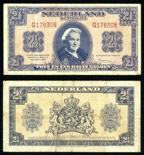 Netherlands Banknote 2 1/2 Gulden May 18, 1945 Queen Wilhelmina Pick No. 71 VF