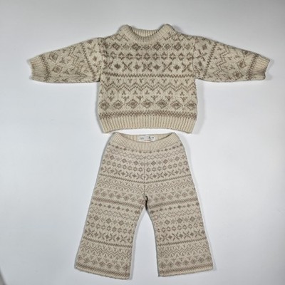 Zara Baby Girls 1 1/2 1.5 Years 18m Sweater Pants Set Bundle Jacquard Knit Tan
