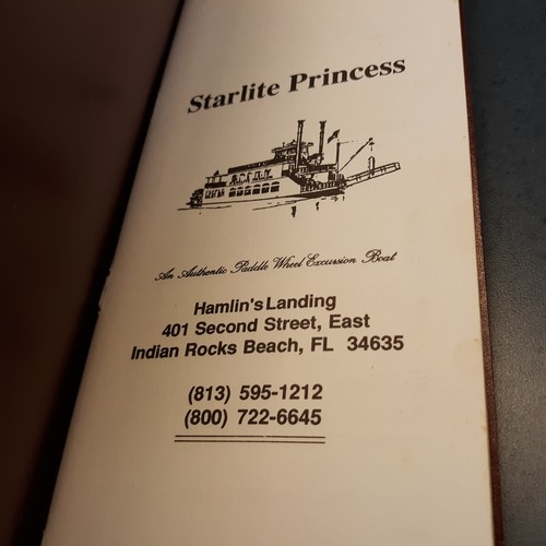 Starlite Princess Paddle Wheel Boat Indian Rocks Beach Florida FL 1995 Menu - Picture 2 of 6
