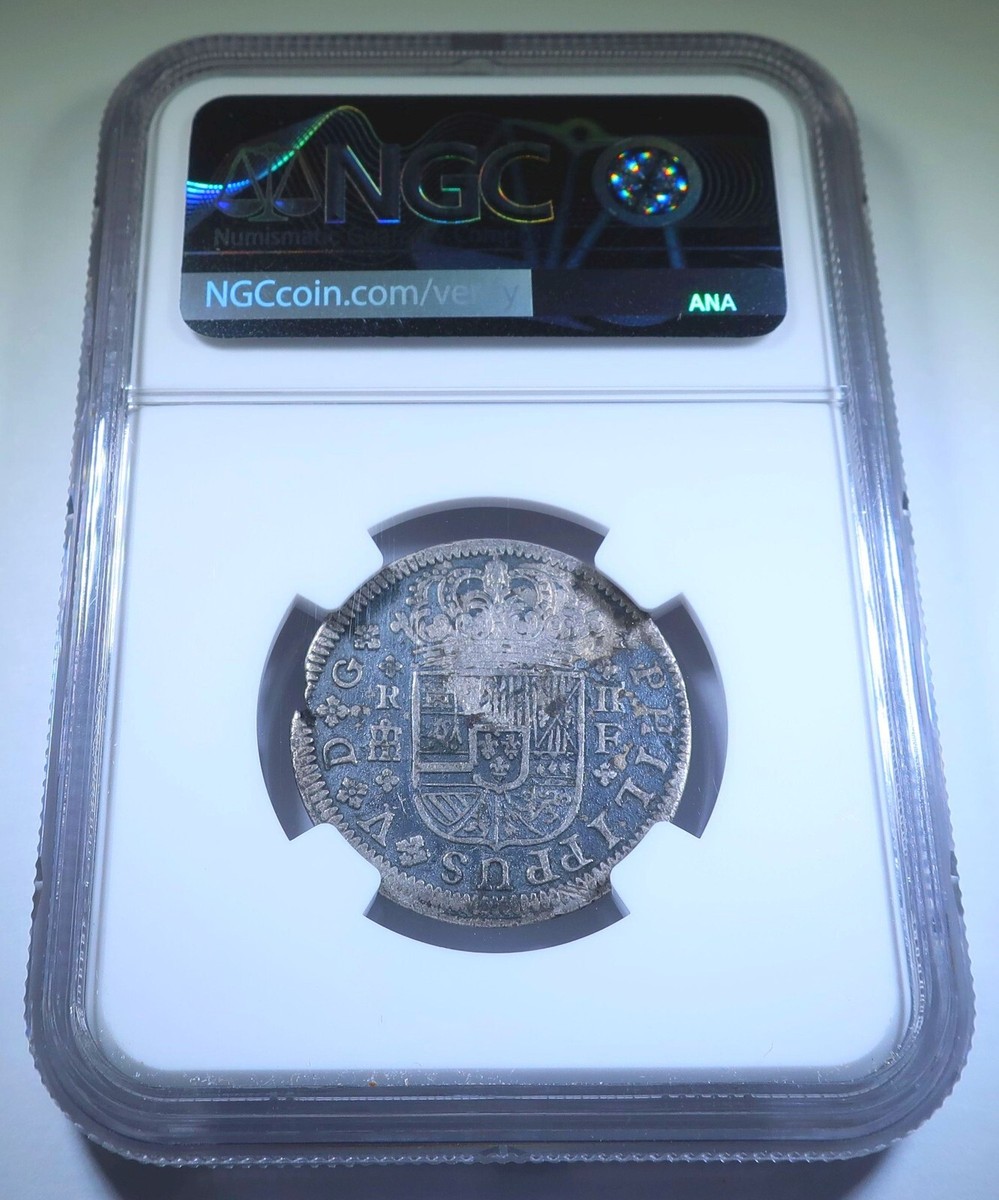 NGC XF Azores 300 Reis Countermark 1721 Spanish Silver 2 Reales