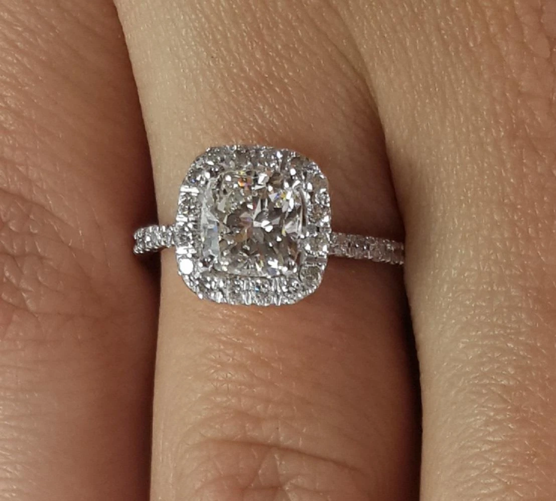 1.5 Ct Pave Halo Cushion Cut Diamond Engagement Ring I1 E White