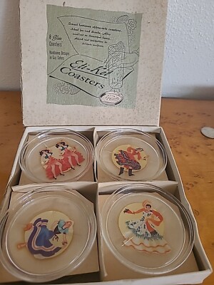 NOS Set 8 VINTAGE ETI-KET GLASS COASTERS DECALS Woman Dancers New in Box NIB