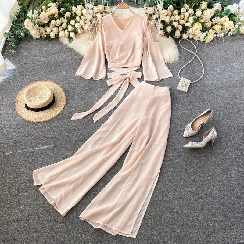 Bandage Crop Top And Wide Leg Pants Fashion Suit Set Chiffon Two