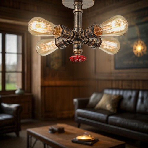 Antique Steampunk Pipe Ceiling Light Industrial 4 Heads Pendant Light for Cafe - Picture 7 of 22