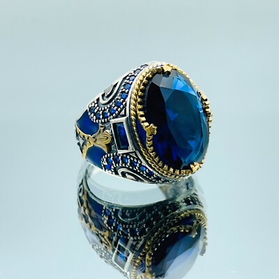Mens Simulated Sapphire 925 Sterling Silver Ring Turkish Handmade Cool Gift  Him