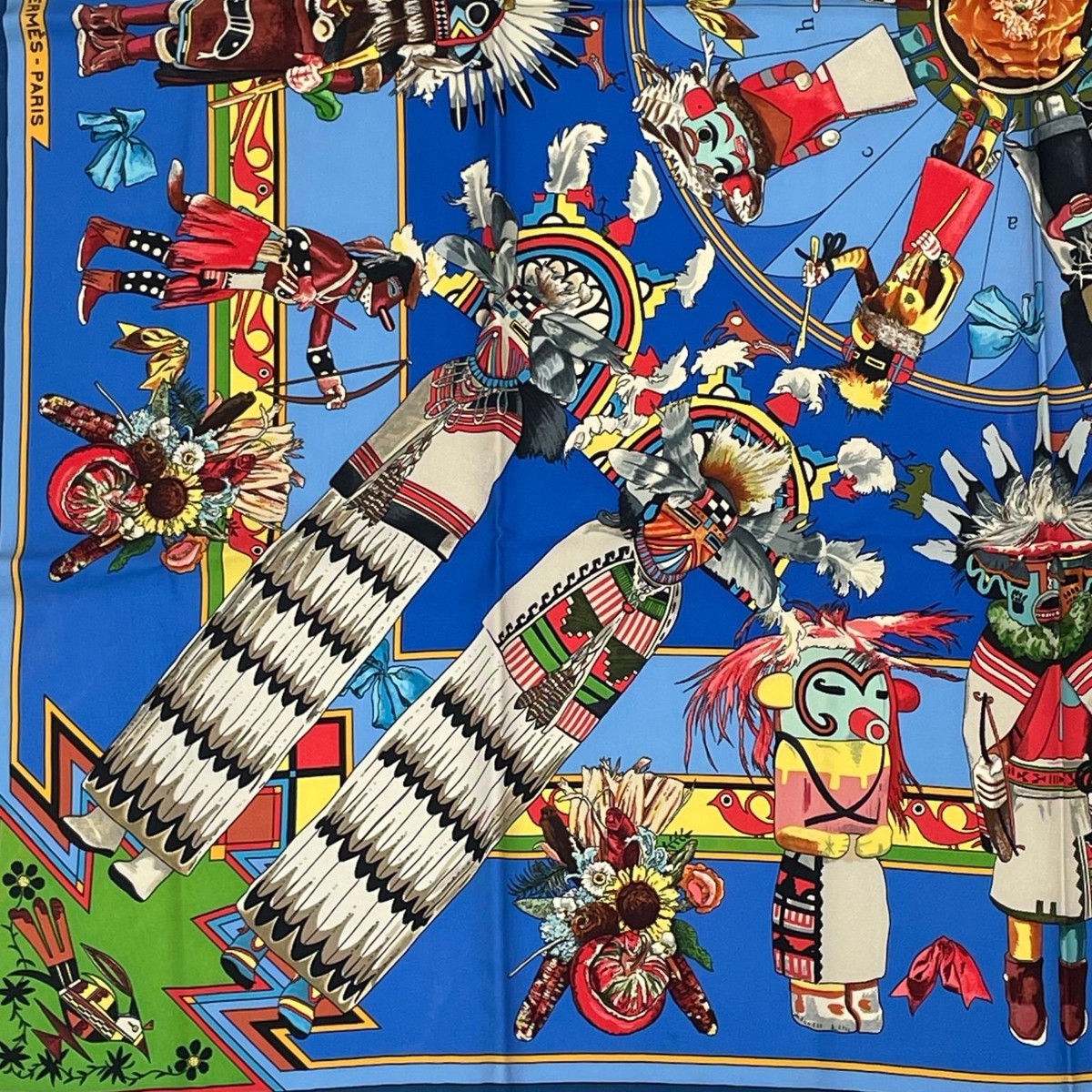 HERMES Carre 90 Kachinas Native American Indian Hopi 100% Silk