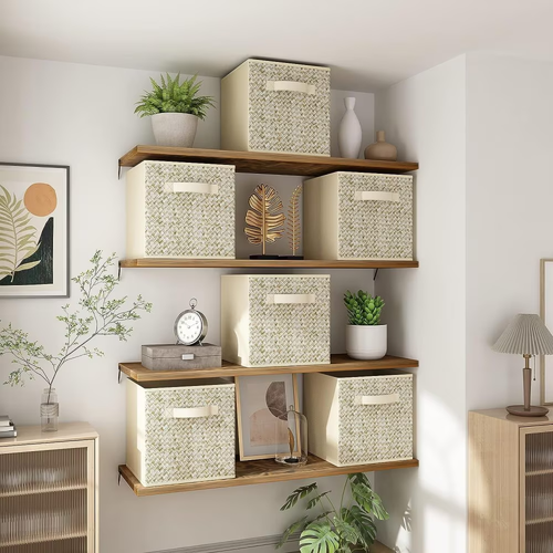 Set of 6 foldable 12-inch storage cubes with handles-Beige